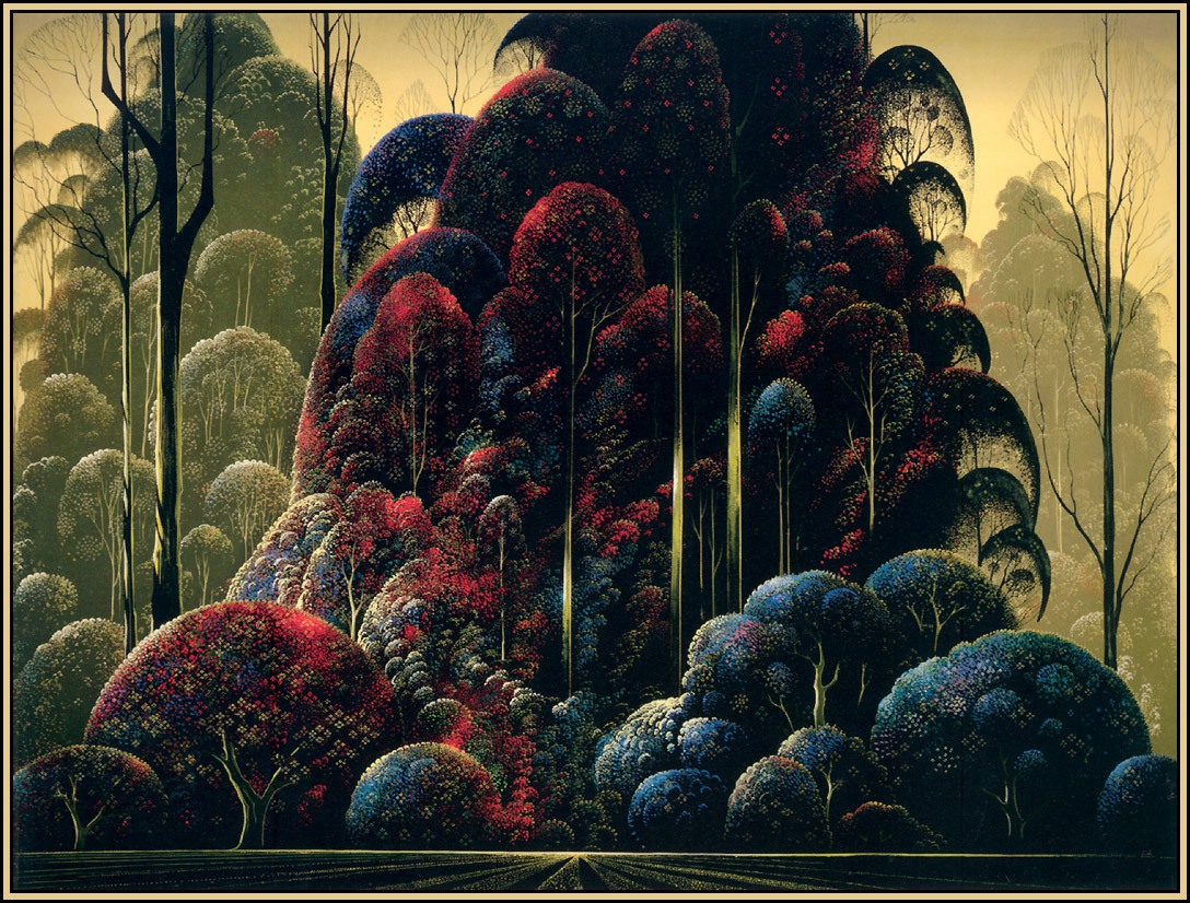 drzewa stoją jak we śnie. Eyvind Earle, praca 3.
