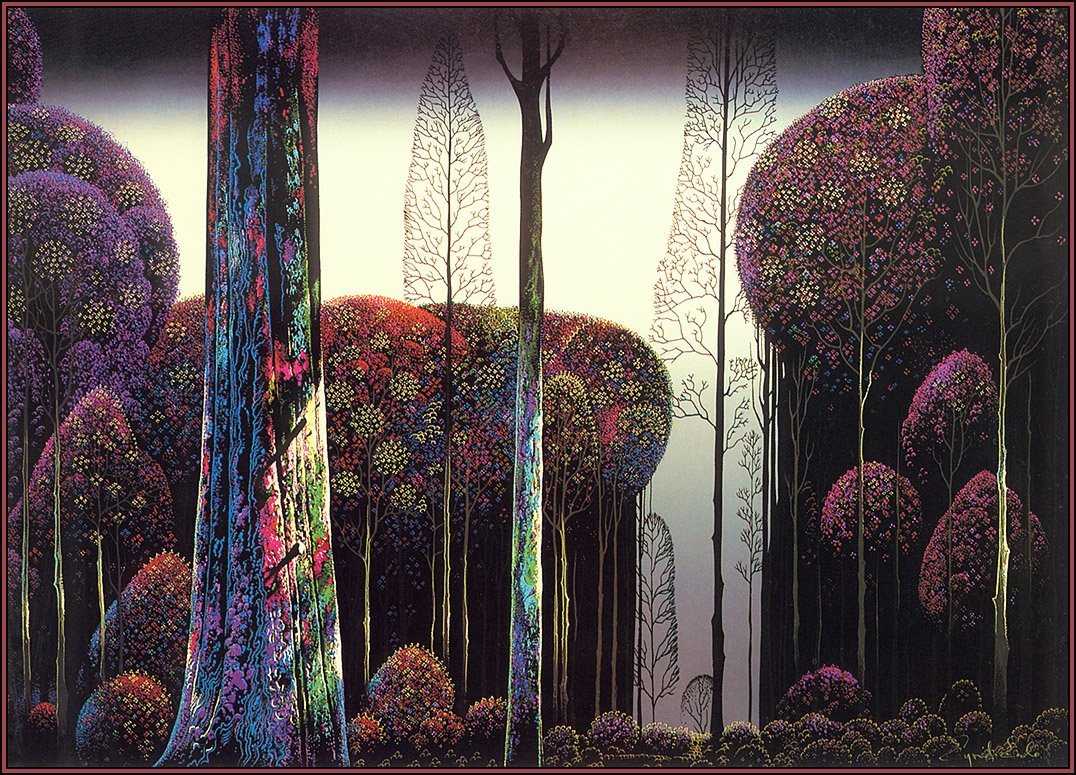 drzewa stoją jak we śnie. Eyvind Earle, praca 10.