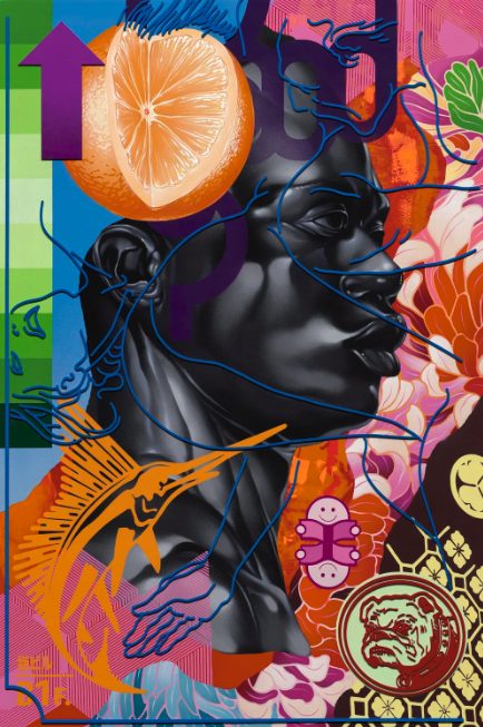 obraz zmienia temat w połowie twarzy. Tristan Eaton, praca 9.