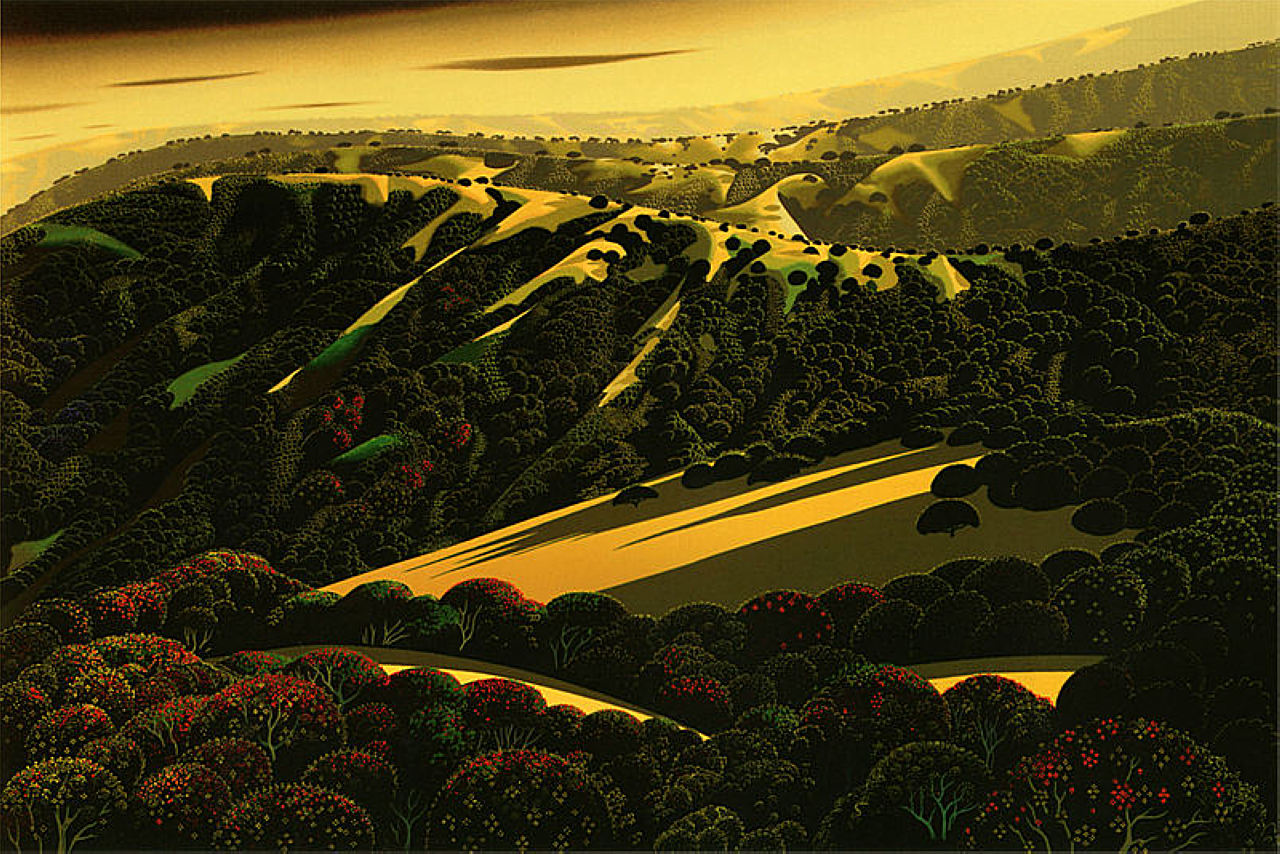 drzewa stoją jak we śnie. Eyvind Earle, praca 9.