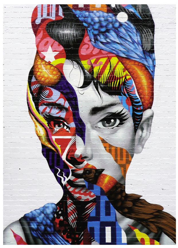 obraz zmienia temat w połowie twarzy. Tristan Eaton, praca 4.