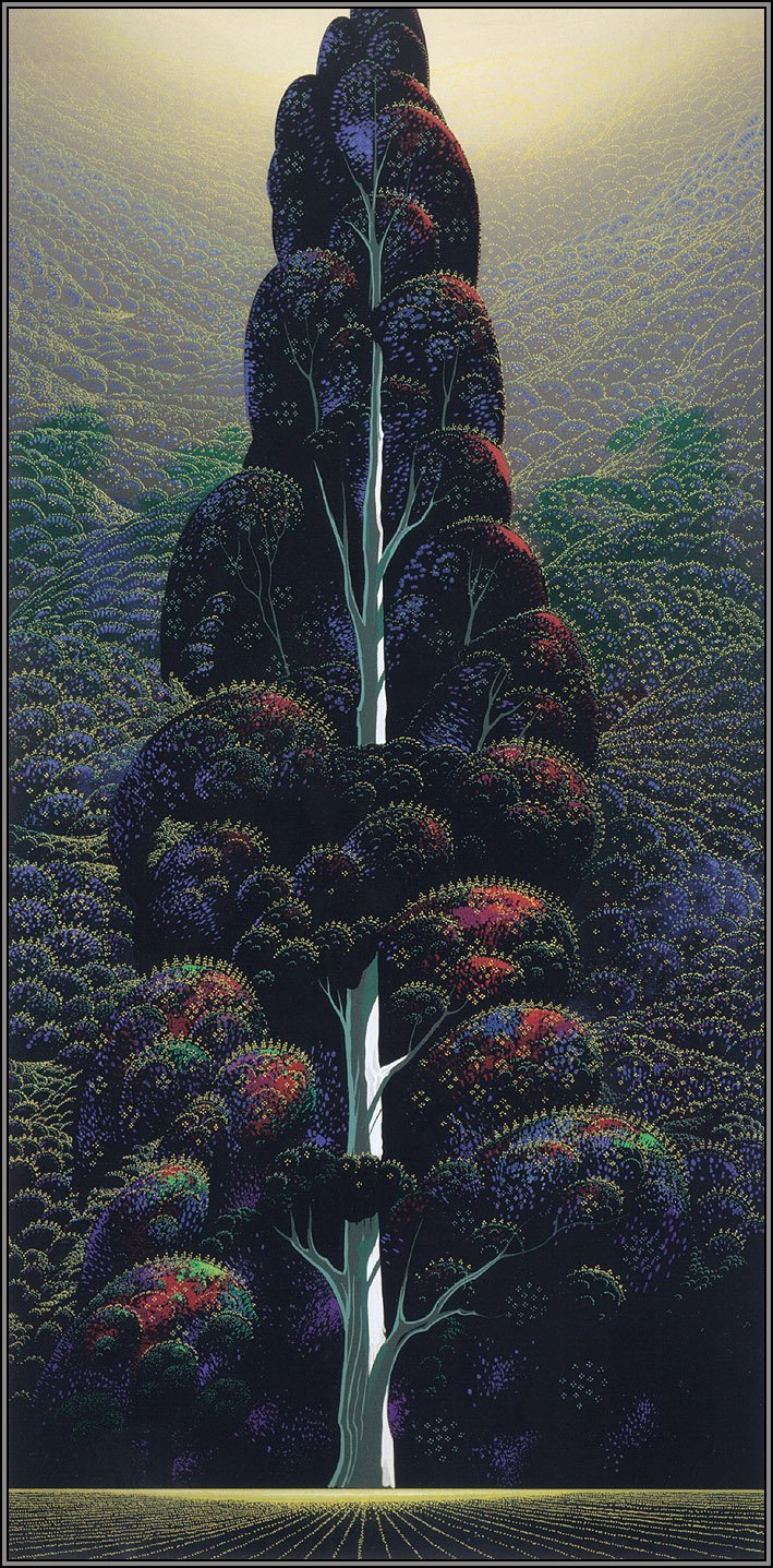 drzewa stoją jak we śnie. Eyvind Earle, praca 1.