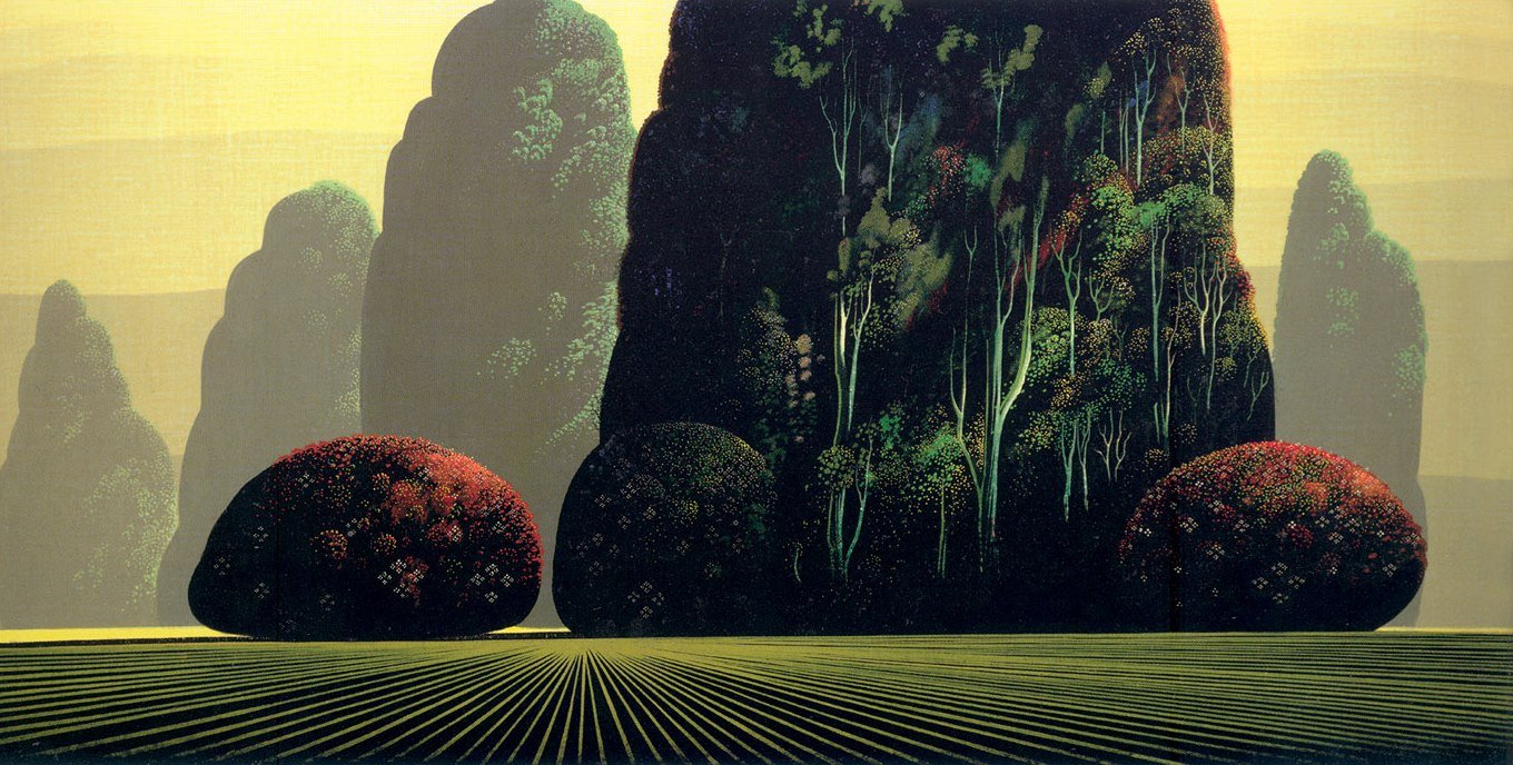 drzewa stoją jak we śnie. Eyvind Earle, praca 2.