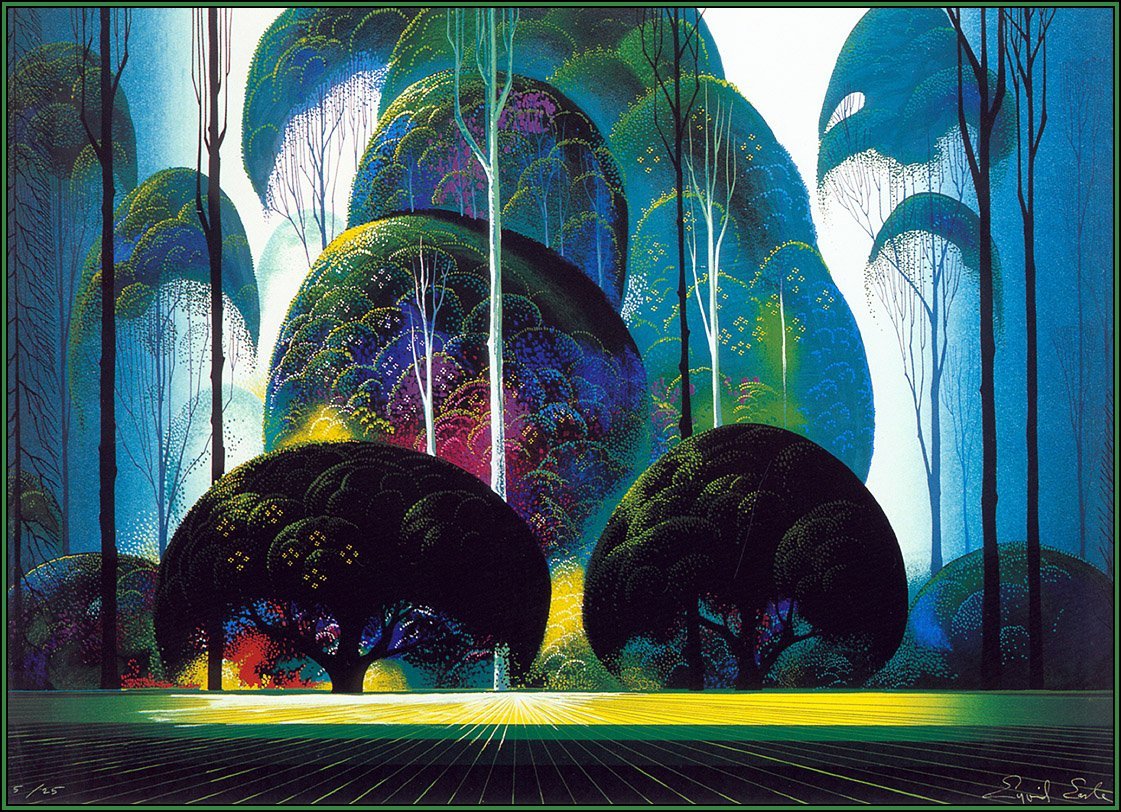 drzewa stoją jak we śnie. Eyvind Earle, praca 7.